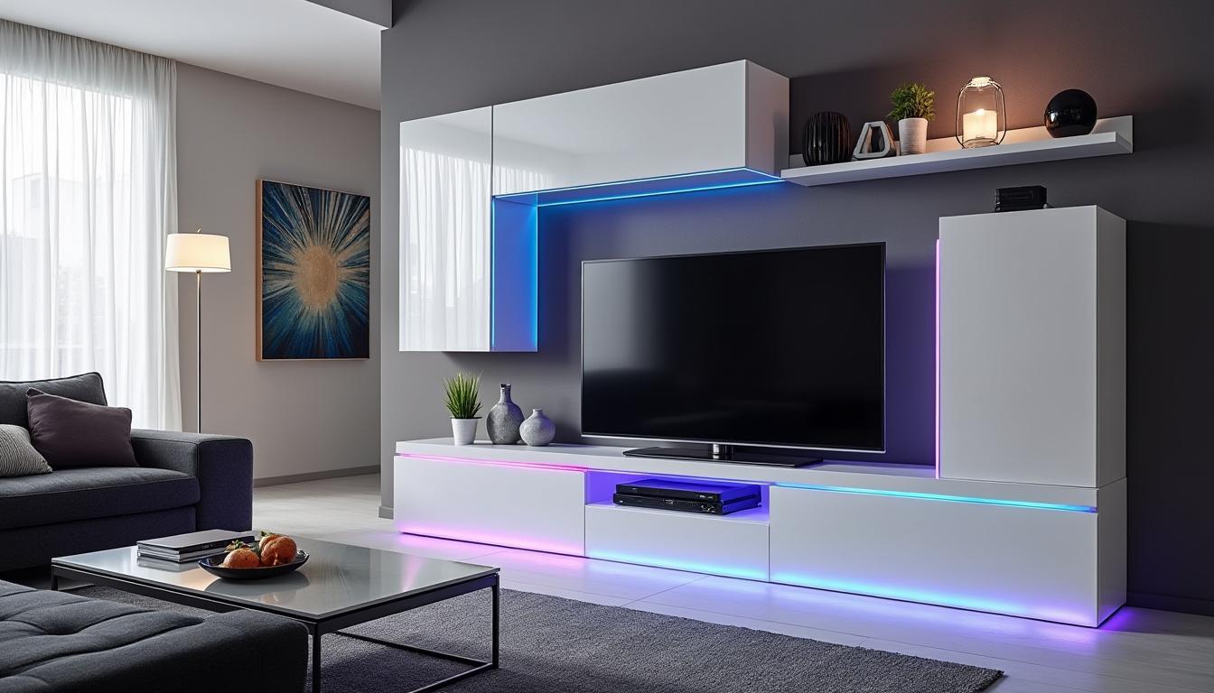 apportez une touche moderne et lumineuse à votre salon avec le meuble tv à led multicouleurs blanc laqué horizon, alliant design élégant et ambiance personnalisable.