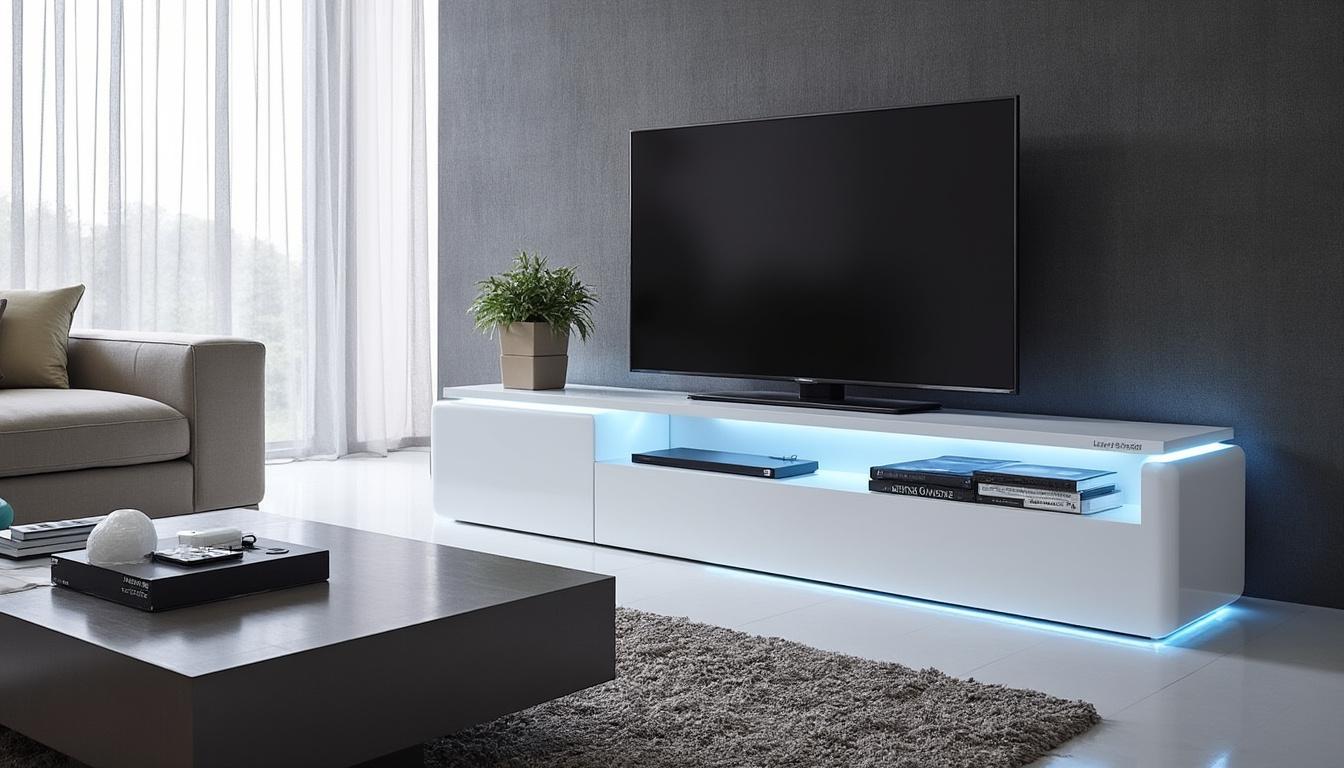 apportez une touche moderne et élégante à votre salon avec le meuble tv horizon en blanc laqué, équipé de led multicouleurs pour une ambiance personnalisée et chaleureuse.