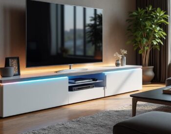apportez une touche moderne et lumineuse à votre salon avec le meuble tv horizon en blanc laqué, équipé de led multicouleurs pour une ambiance personnalisée et élégante.