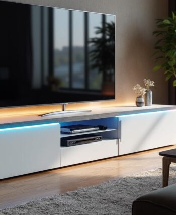 apportez une touche moderne et lumineuse à votre salon avec le meuble tv horizon en blanc laqué, équipé de led multicouleurs pour une ambiance personnalisée et élégante.