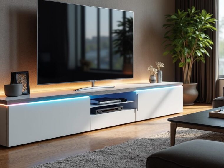 apportez une touche moderne et lumineuse à votre salon avec le meuble tv horizon en blanc laqué, équipé de led multicouleurs pour une ambiance personnalisée et élégante.