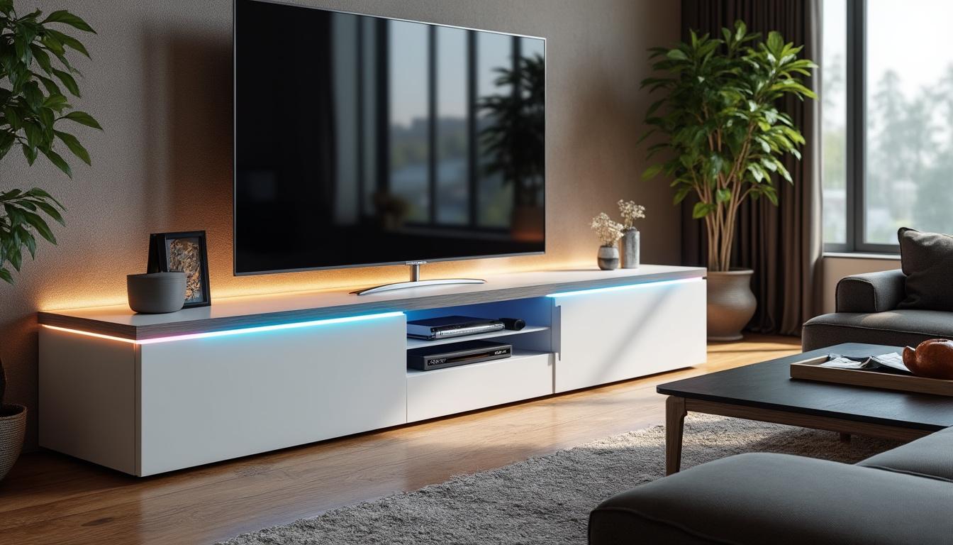 apportez une touche moderne et lumineuse à votre salon avec le meuble tv horizon en blanc laqué, équipé de led multicouleurs pour une ambiance personnalisée et élégante.