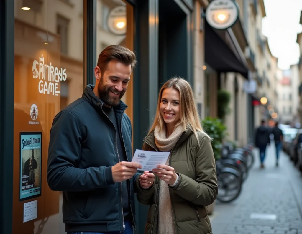 Deux amis devant la façade d'un escape game à Lyon tenant un bon de réduction imprimé