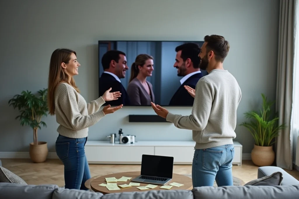 Deux personnes apprenant l'anglais britannique avec des répliques de séries cultes devant un écran dans un appartement moderne