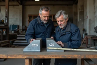 Deux cornières en acier S235 et S275 posées côte à côte sur un établi d'atelier industriel, comparées par un technicien