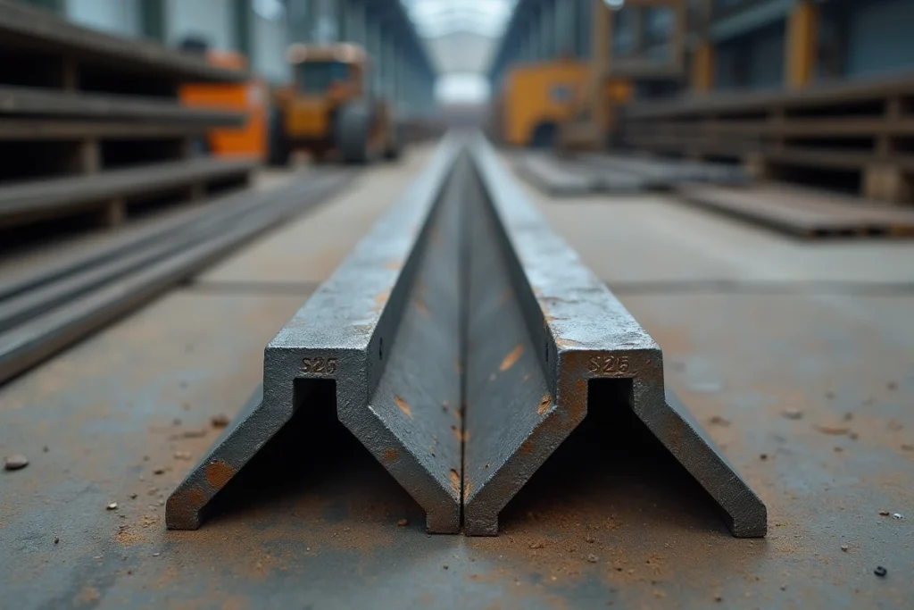 Gros plan sur des sections coupées de cornières acier S235 et S275 avec marquages de nuance visibles sur sol béton