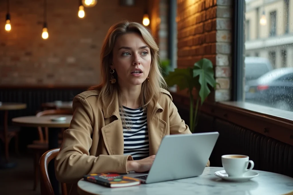 Femme britannique apprenant des répliques de séries cultes dans un café londonien avec tablette et phrasebook