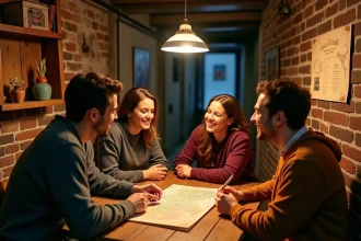 Groupe d'adultes jouant dans une salle d'escape game à Lyon avec décor vintage et énigmes au mur