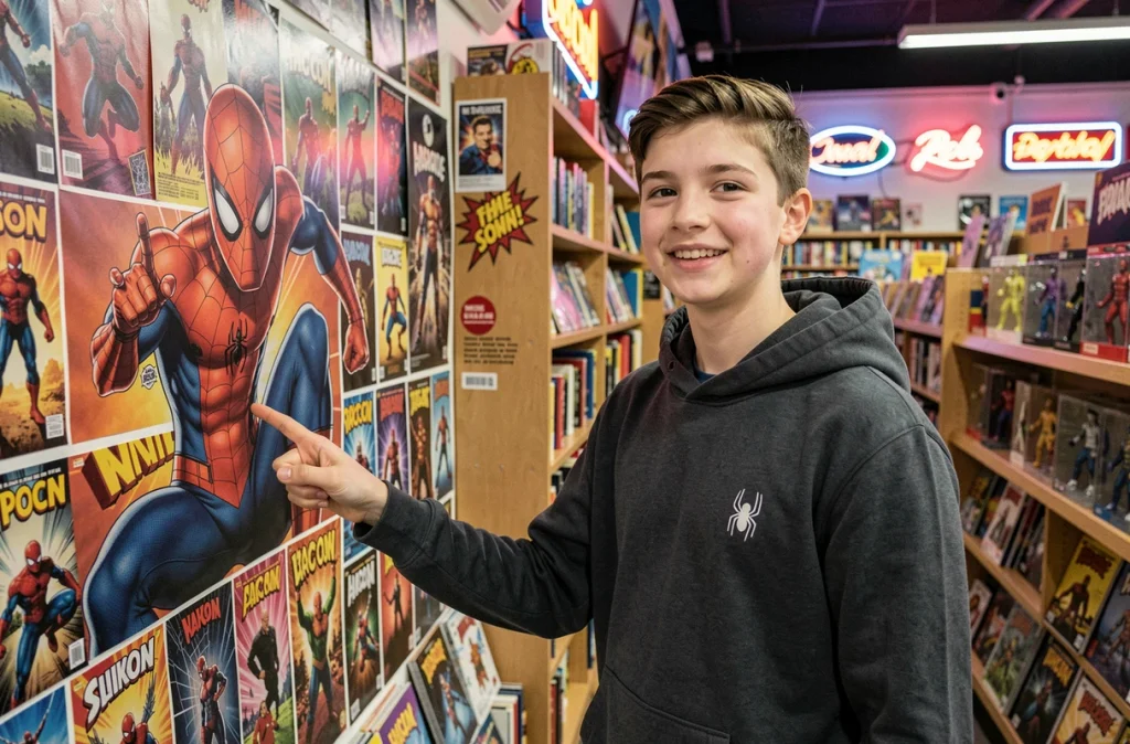 Adolescent dans une boutique de comics désignant une affiche Spider-Man mettant en avant l'identité civile Peter Parker