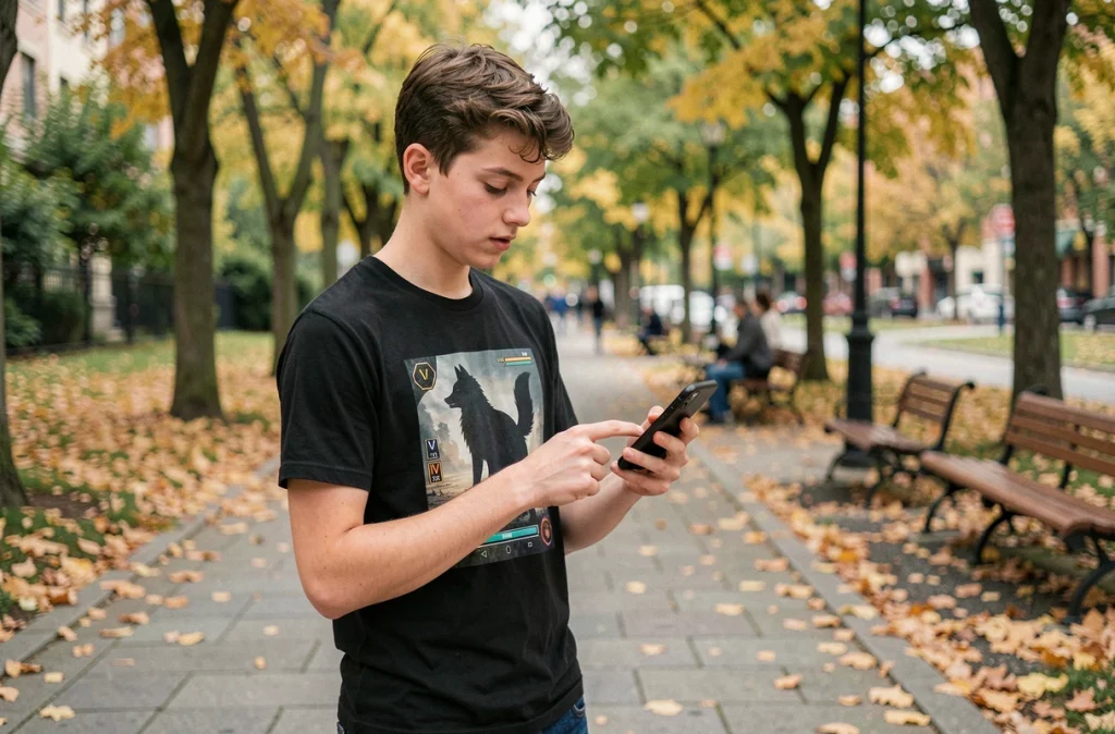 Adolescent dans un parc urbain en automne jouant à Pokémon GO et faisant évoluer Évoli en Noctali avec des IV optimisés pour le PvP