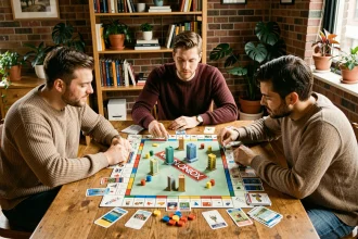 Groupe d'adultes jouant à Monopoly Ville autour d'une table en bois dans un appartement moderne et chaleureux
