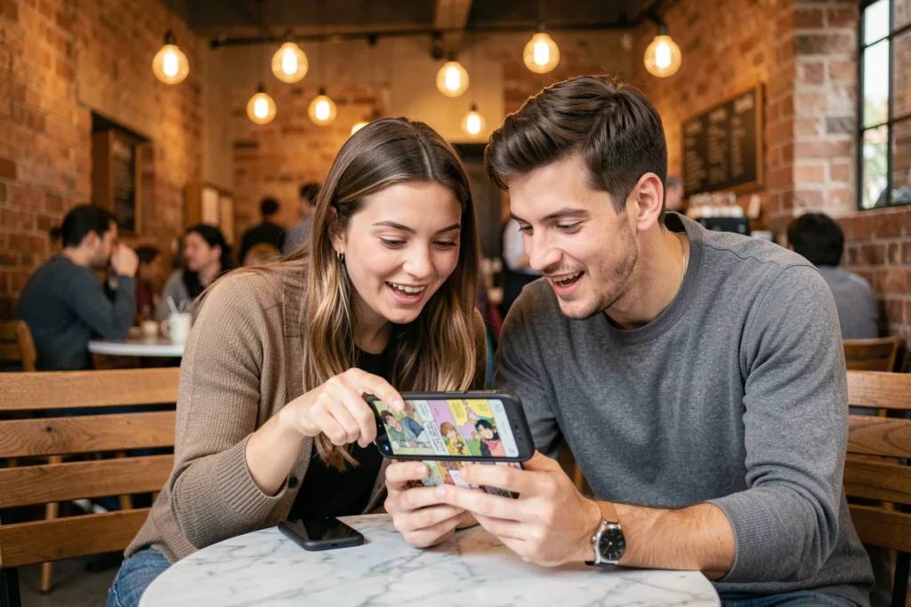 Deux amis partageant la lecture de mangas sur un smartphone dans un café branché, découvrant ensemble un site de scan manga