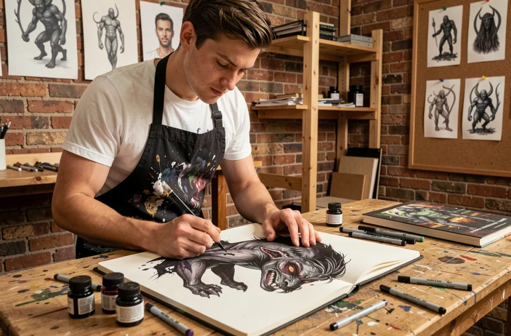 Jeune artiste masculin ajoutant des ombres à l'encre noire sur un dessin de monstre dans un atelier artistique en brique