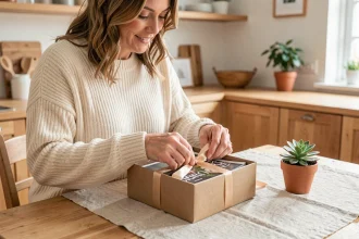 Femme emballant un magazine comme cadeau dans un intérieur scandinave chaleureux