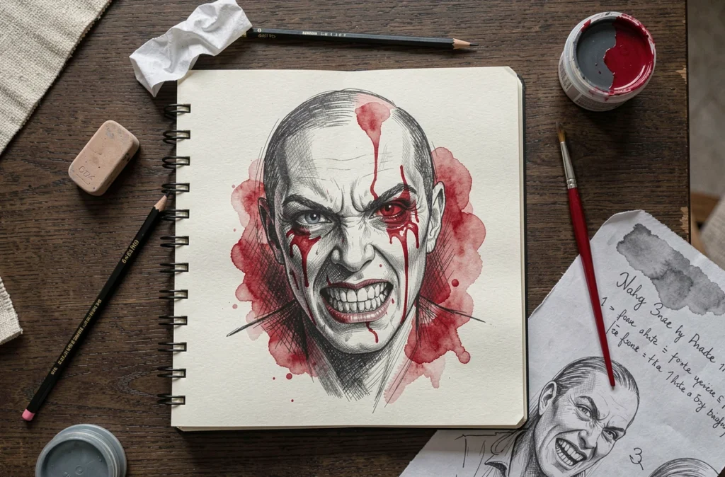 Vue de dessus d'un carnet ouvert avec un dessin de visage effrayant aux ombres hachurées et des accents aquarelle rouges, entouré d'outils d'art