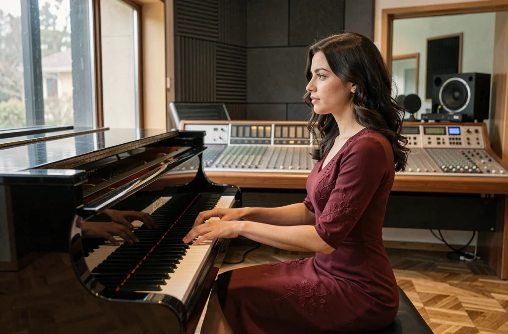 Jeune chanteuse italienne au piano dans un studio d'enregistrement professionnel de musique variété