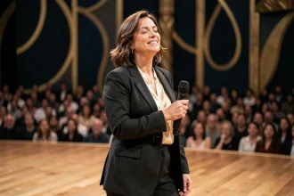 Chanteuse italienne en performance sur scène lors d'un grand concert de variété internationale en 2026