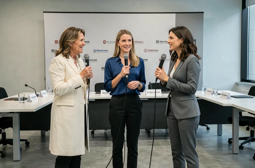 Trois chanteuses internationales lors d'une conférence de presse sur la variété européenne en 2026