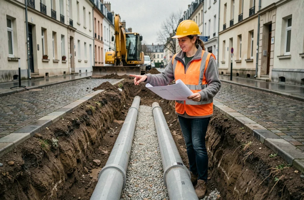 Ingénieure de chantier supervisant la pose de deux canalisations séparées pour eaux usées et eaux pluviales en milieu urbain
