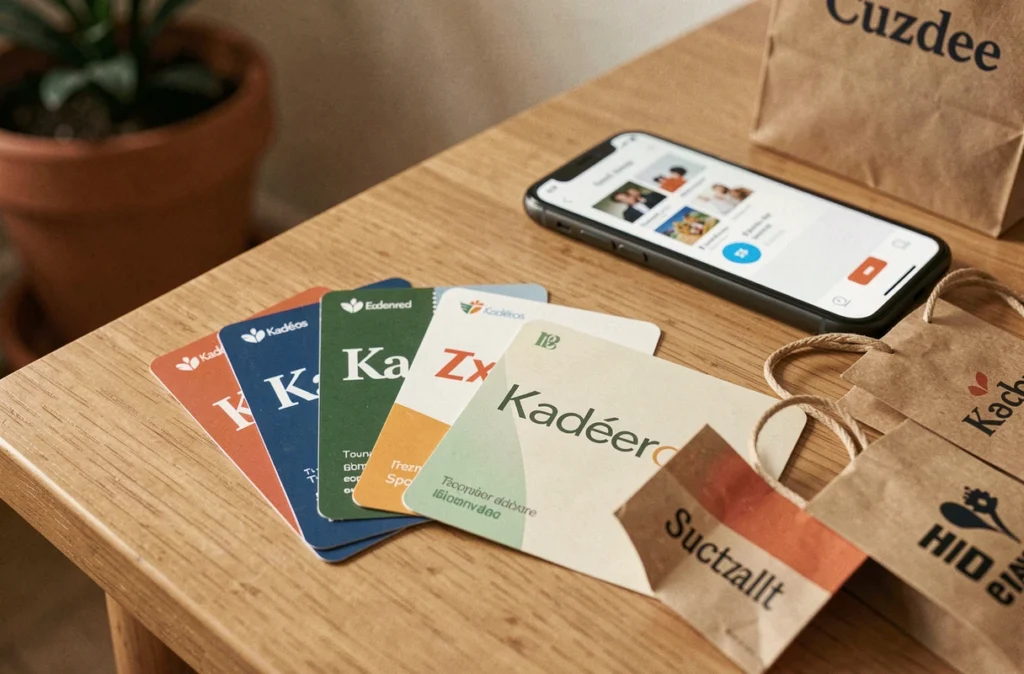 Chèques Kadéos Edenred et sacs shopping posés sur une table en bois avec smartphone