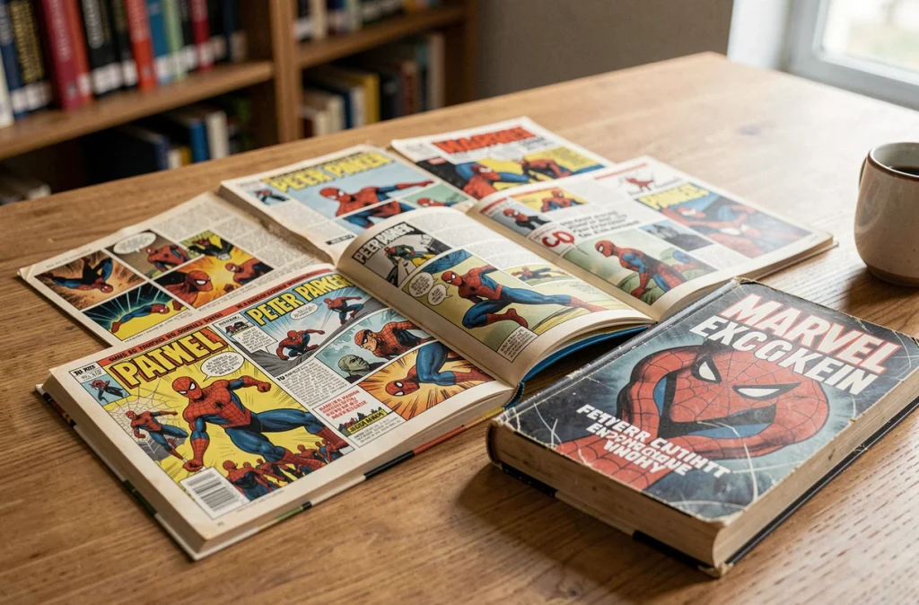 Gros plan sur des comics Spider-Man ouverts montrant le nom Peter Parker avec une encyclopédie Marvel posée sur une table en bois