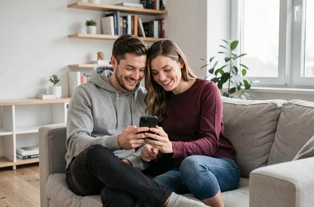 Couple moderne partageant un message de Saint-Valentin sur smartphone dans un appartement minimaliste et chaleureux