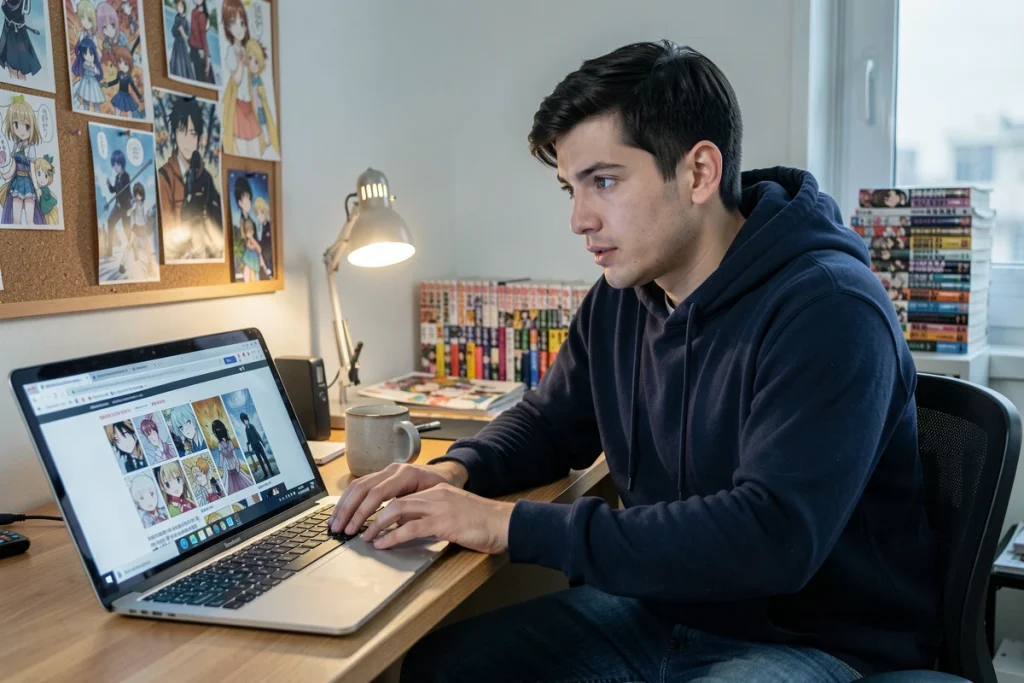 Jeune homme découvrant de nouveaux mangas sur un site de scan manga depuis son bureau avec un ordinateur portable ouvert