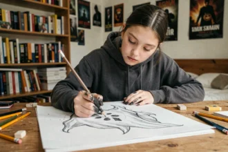 Adolescente dessinant un personnage effrayant au crayon graphite sur un carnet d'art dans sa chambre décorée d'affiches d'horreur