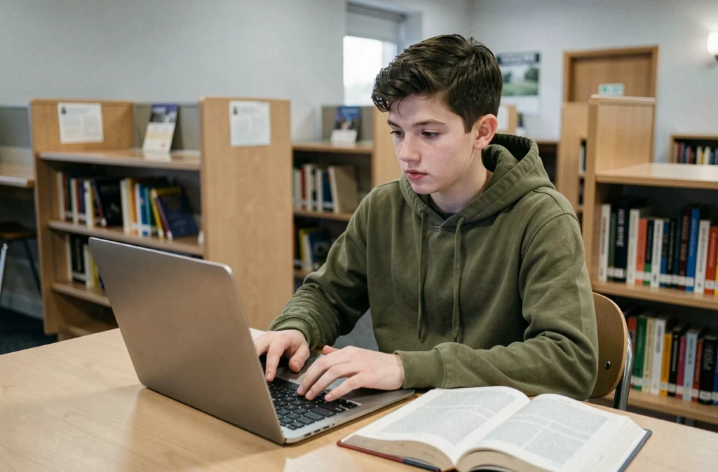 Adolescent en bibliothèque scolaire consultant un manuel de grammaire française sur ordinateur, illustrant l'apprentissage de la différence entre accord et conjugaison