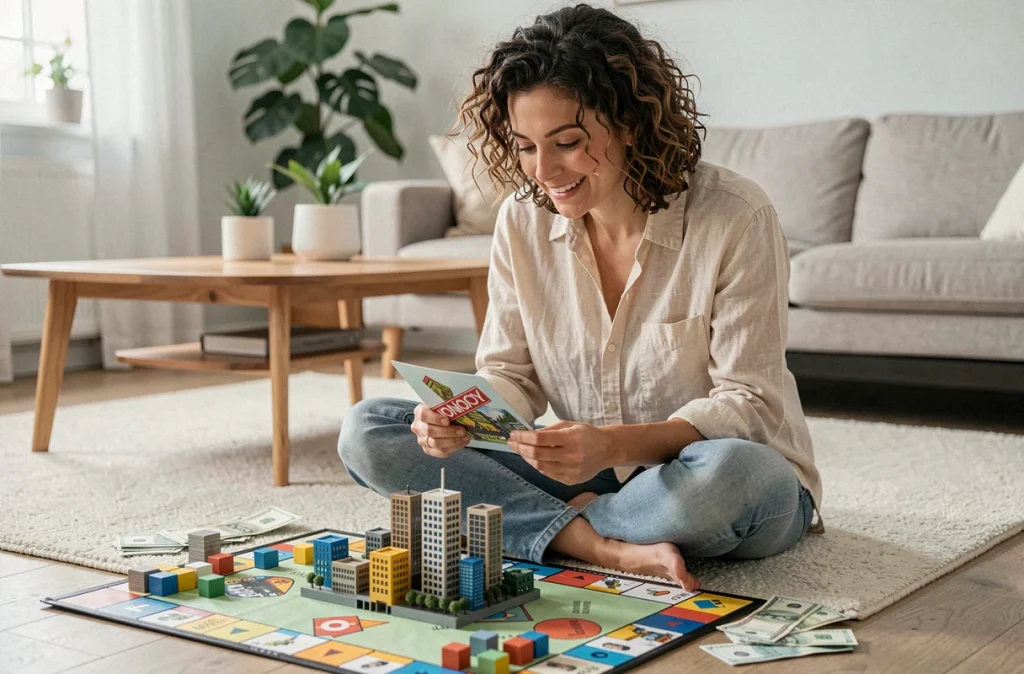 Femme concentrée tenant une carte de propriété de Monopoly Ville dans un salon au style scandinave