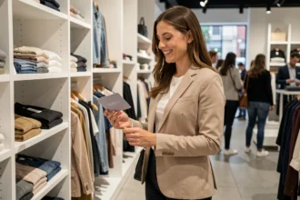 Femme souriante tenant un chèque Kadéos dans un magasin de vêtements moderne en France