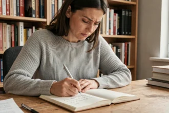 Femme concentrée qui écrit dans un cahier de grammaire française à son bureau, illustrant la méthode pour distinguer accord et conjugaison
