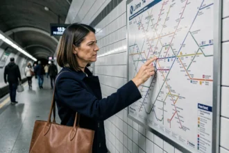 Femme consultant le plan de la ligne 14 du métro parisien affiché sur le mur d'une station