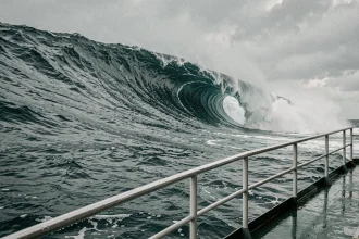 Immense vague de tsunami se formant en plein océan vue depuis le pont d'un navire de recherche scientifique