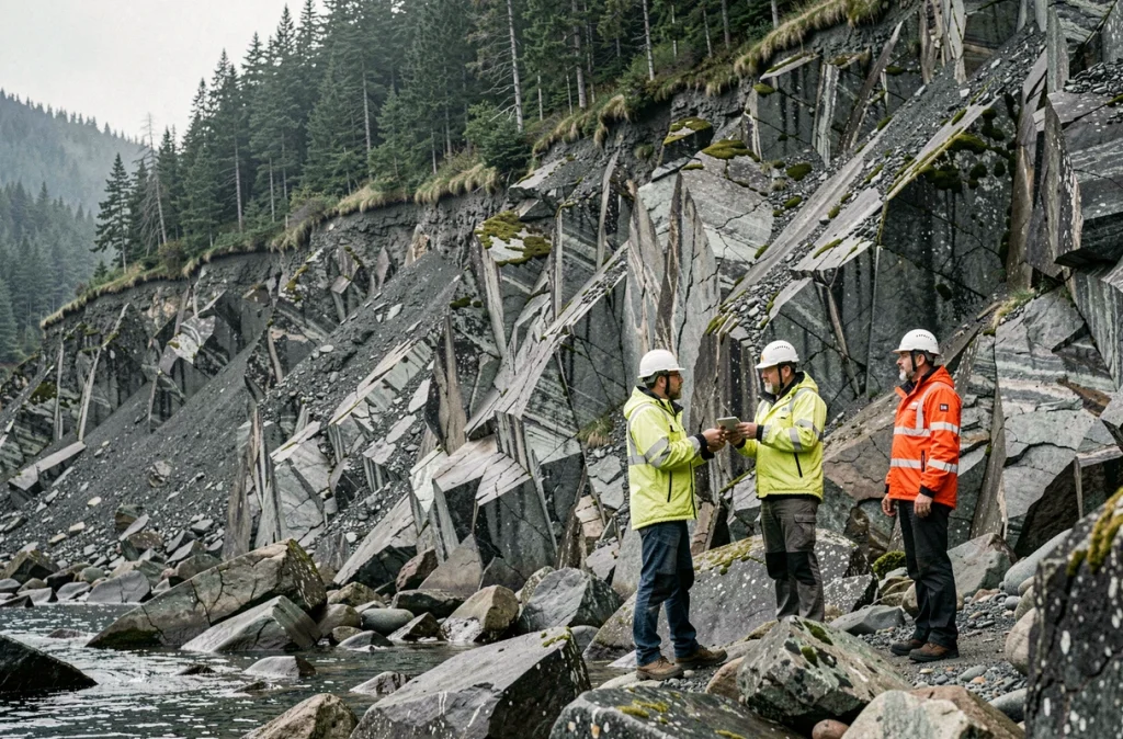Équipe de géologues inspectant une falaise côtière en Alaska marquée par un ancien glissement de terrain à l'origine d'un tsunami géant