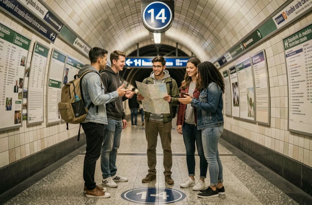 Groupe de voyageurs consultant le plan et les panneaux de sortie de la ligne 14 dans le couloir d'une station de métro parisienne