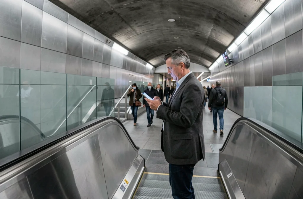 Homme consultant une application de plan du métro ligne 14 en sortant d'une station parisienne moderne