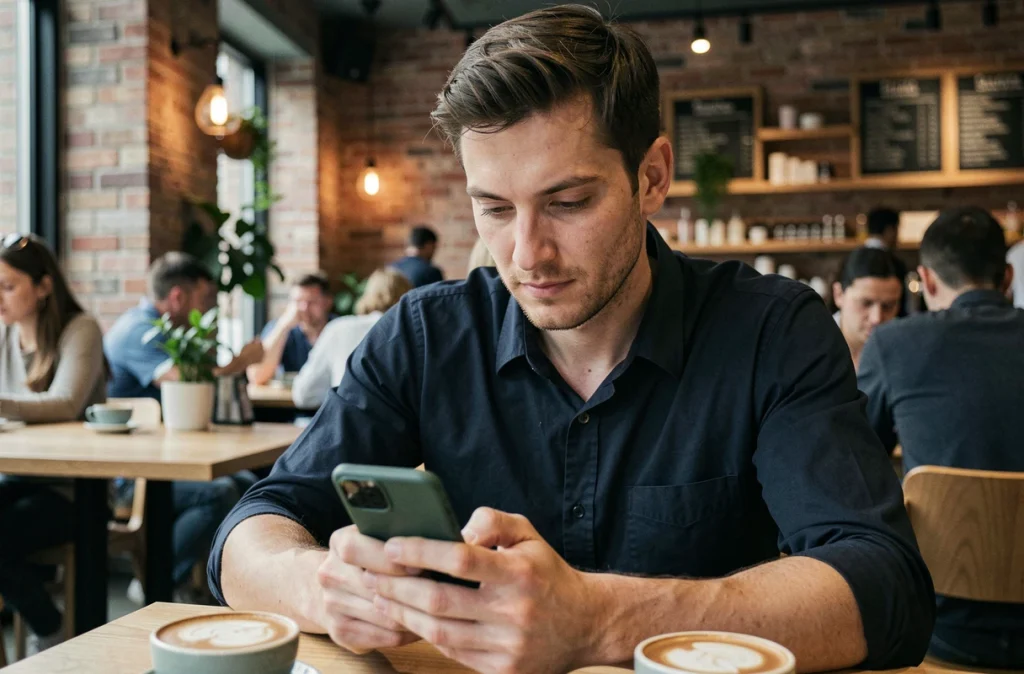 Homme utilisant une application de tchat sur son smartphone dans un café moderne en ville