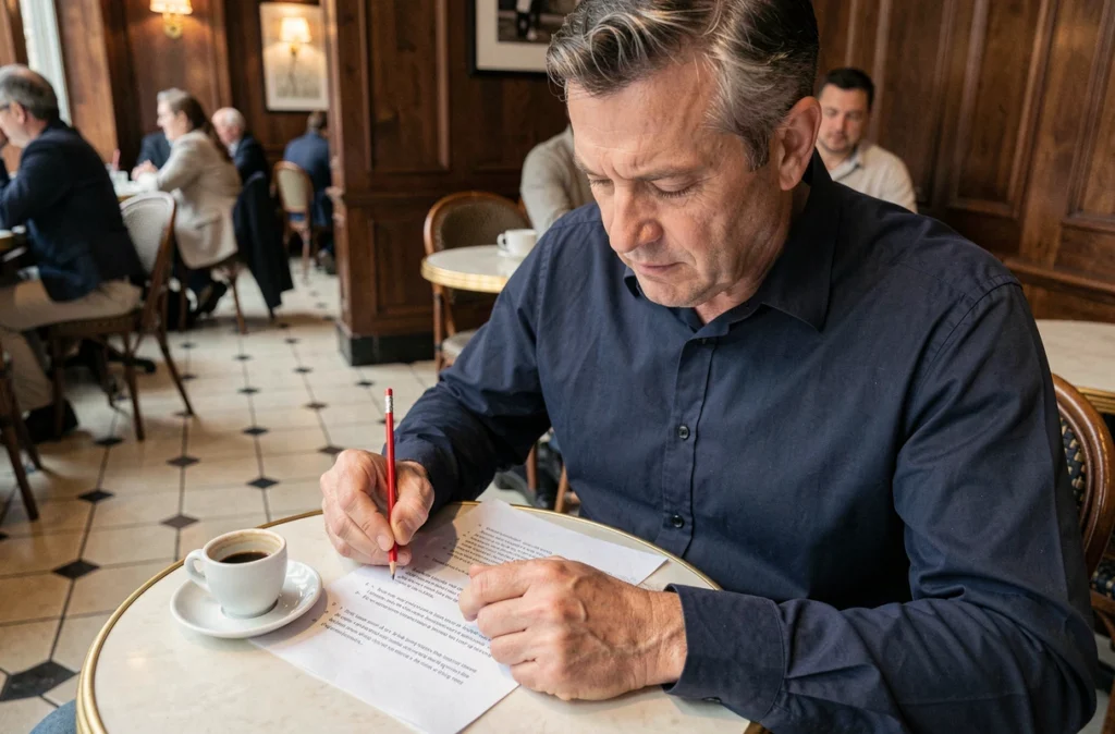 Homme lisant une fiche de grammaire dans un café parisien avec un crayon rouge, pour illustrer l'apprentissage de l'accord et de la conjugaison en français