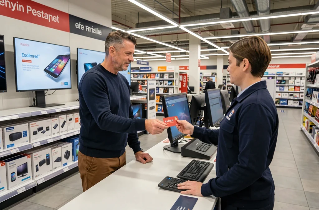 Homme utilisant un chèque Kadéos Edenred à la caisse d'un magasin d'électronique
