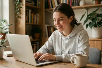 Jeune femme souriante utilisant un tchat en ligne sur son ordinateur portable dans un bureau cosy à domicile