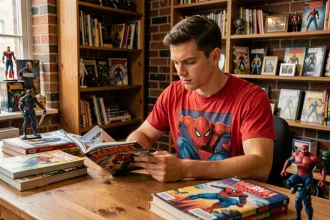 Jeune homme lisant des comics Spider-Man à son bureau entouré de figurines Marvel et de bandes dessinées