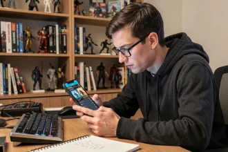 Joueur analysant les statistiques d'évolution d'Évoli vers Noctali sur son smartphone pour optimiser les IV en PvP