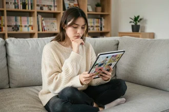 Jeune femme lisant des mangas sur une tablette affichant un site de scan manga, assise dans un salon cosy avec des étagères remplies de mangas