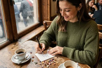 Femme écrivant un message de Saint-Valentin à la main dans un café parisien, avec une tasse d'espresso et des pétales de fleurs séchées