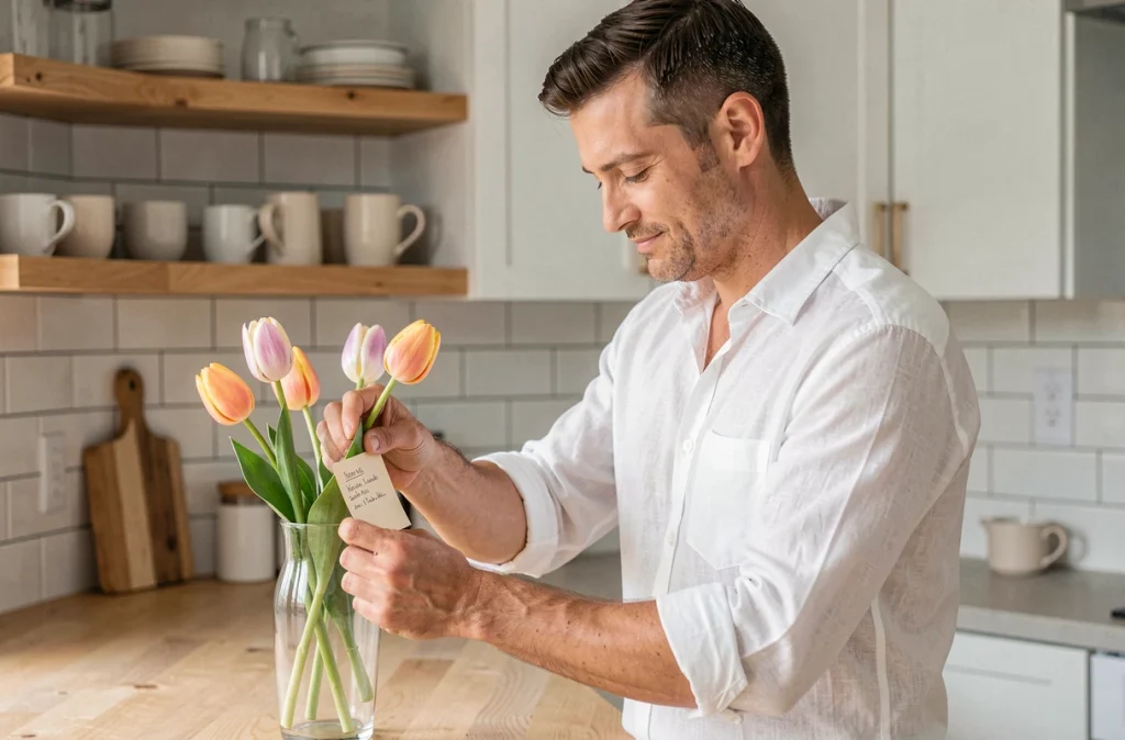Homme préparant une déclaration de Saint-Valentin originale avec un mot écrit à la main glissé dans un vase de tulipes