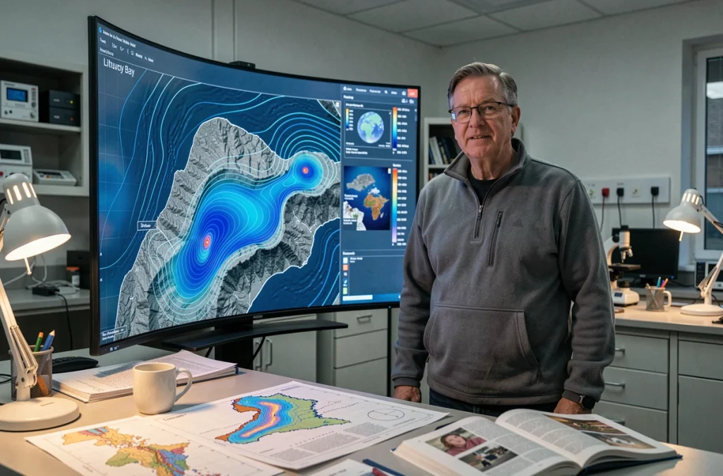 Océanographe analysant les données bathymétriques du tsunami de la baie de Lituya sur un écran de simulation scientifique