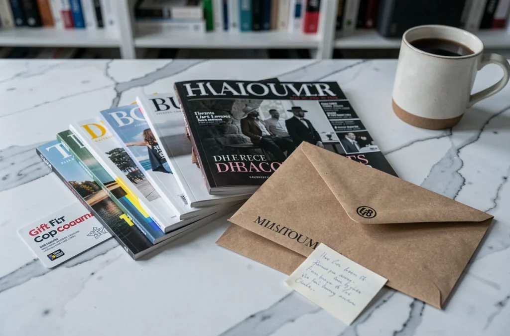Assortiment de magazines et cartes cadeaux présentés sur marbre blanc pour offrir