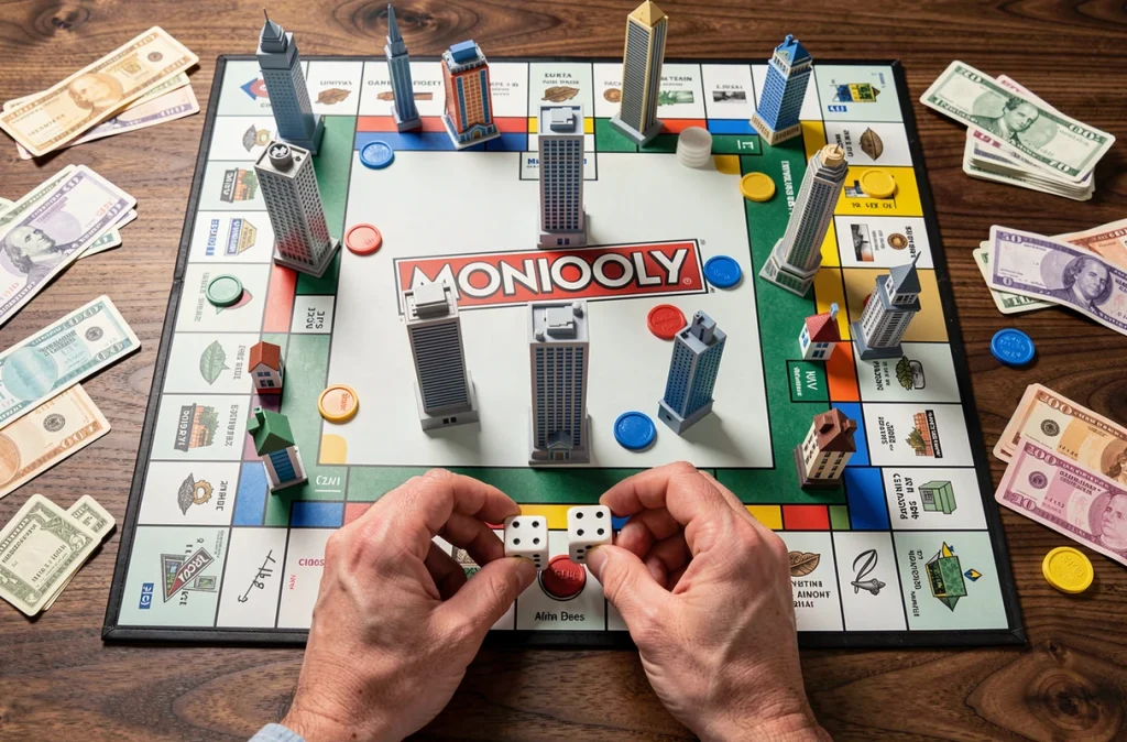 Vue aérienne d'un plateau de Monopoly Ville en pleine partie avec des mains lançant les dés sur une table en bois