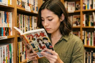 Jeune femme examinant attentivement un manga original dans une librairie spécialisée pour distinguer l'édition authentique des copies